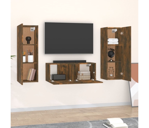 Set de muebles de TV 3 pzas madera contrachapada roble ahumado