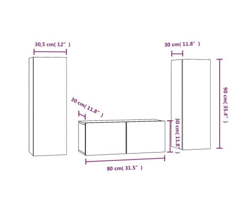 Set de muebles de TV 3 pzas madera contrachapada roble ahumado