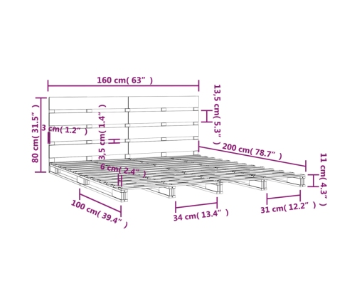 Estructura de cama sin colchón madera maciza de pino 160x200 cm