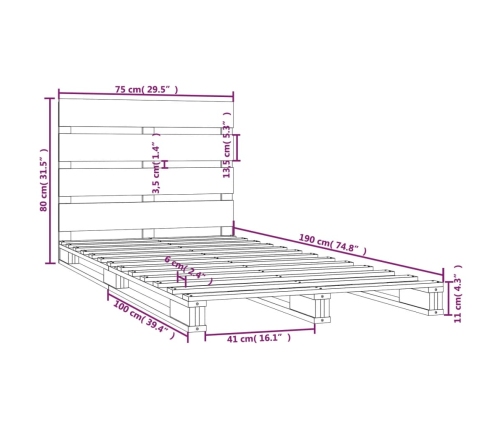 Estructura de cama madera maciza pino blanco 75x190 cm