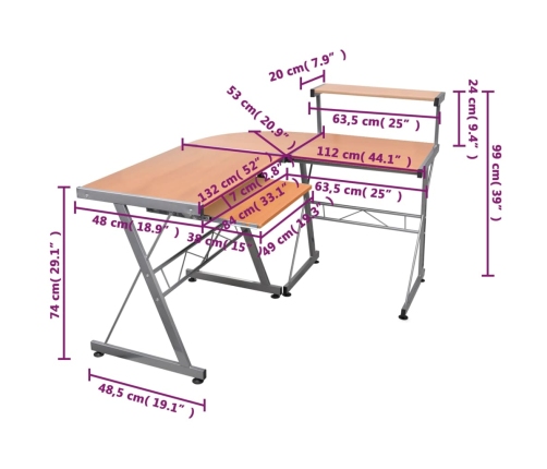 Escritorio de esquina madera contrachapada marrón 132x112x99 cm