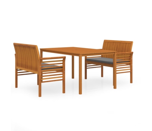 Set comedor de jardín 3 pzas y cojines madera maciza de acacia