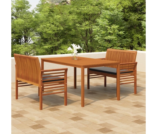 Set comedor de jardín 3 pzas y cojines madera maciza de acacia