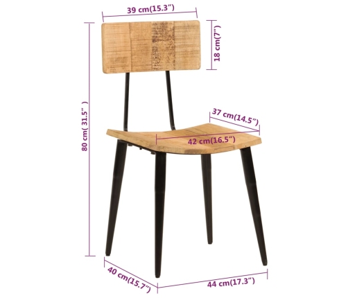 Sillas de comedor 2 uds madera maciza de mango 44x40x80 cm