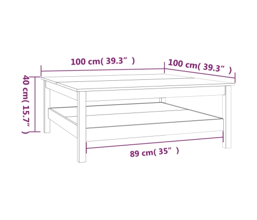 Mesa de centro de madera maciza de pino 100x100x40 cm