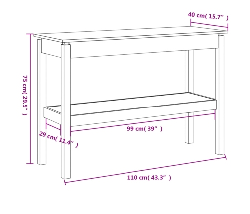 Mesa consola madera maciza de pino 110x40x75 cm