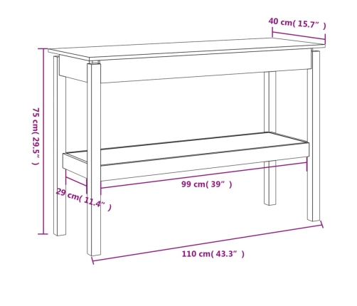 Mesa consola de madera maciza de pino blanco 110x40x75 cm