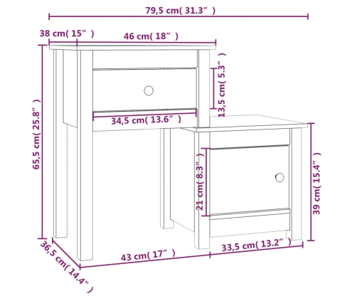 Mesita de noche madera maciza de pino 79,5x38x65,5 cm