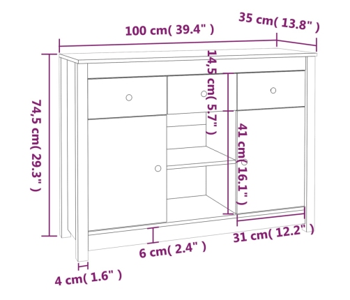 Aparador de madera maciza de pino 100x35x74,5 cm