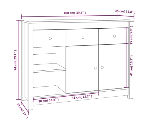 Aparador de madera maciza de pino 100x35x74 cm