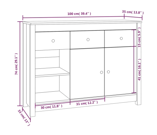 Aparador de madera maciza de pino blanco 100x35x74 cm