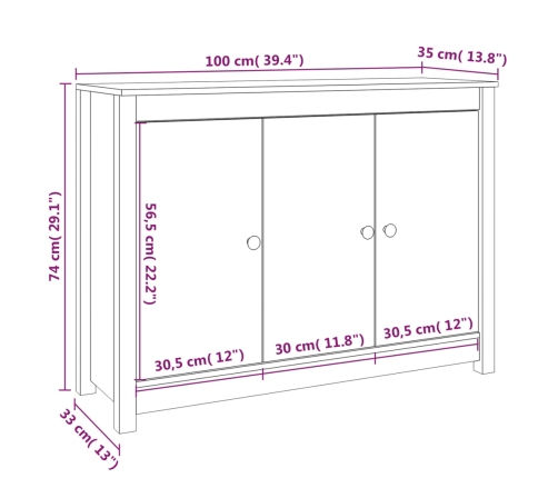 Aparador de madera maciza de pino 110x35x74 cm