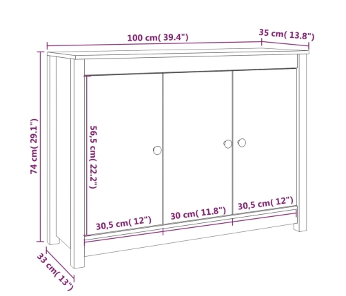 Aparador de madera maciza de pino blanco 100x35x74 cm