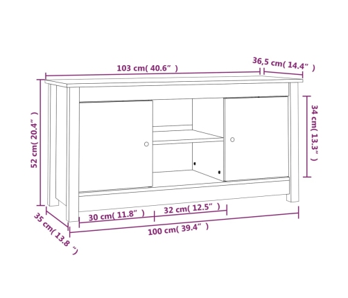 Mueble de TV de madera maciza de pino 103x36,5x52 cm