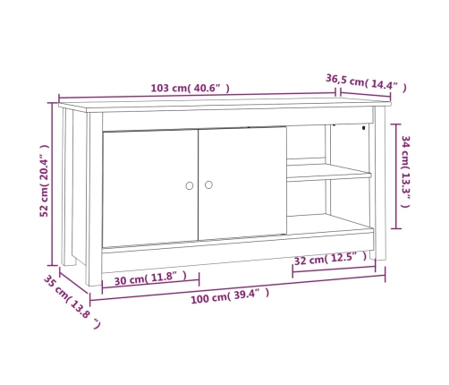 Mueble de TV de madera maciza de pino 103x36,5x52 cm