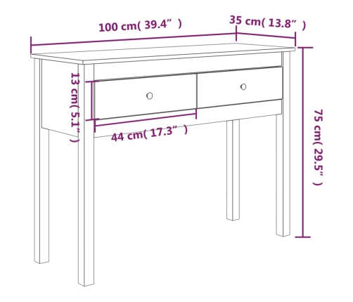 Mesa consola madera maciza de pino 100x35x75 cm