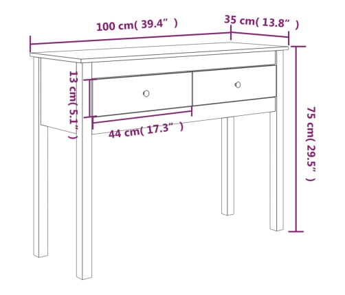 Mesa consola de madera maciza de pino marrón miel 100x35x75 cm