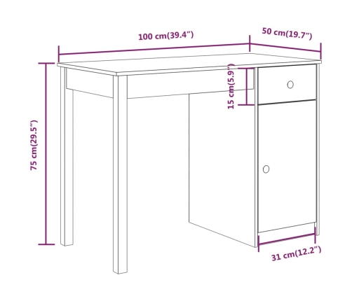 Escritorio de madera maciza de pino 100x50x75 cm