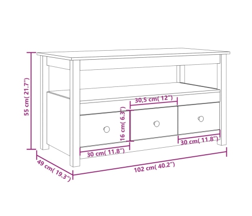 Mesa de centro de madera maciza de pino 102x49x55 cm