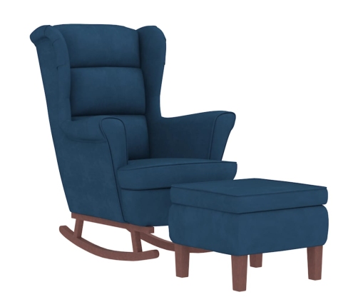 Sillón mecedora patas madera y taburete terciopelo azul