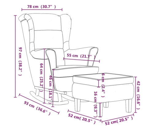 Sillón mecedora patas madera y taburete terciopelo azul