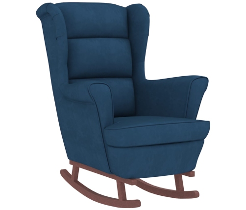 Sillón mecedora patas madera y taburete terciopelo azul