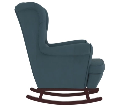 Sillón mecedora patas madera y taburete terciopelo azul