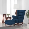 Sillón mecedora patas madera y taburete terciopelo azul