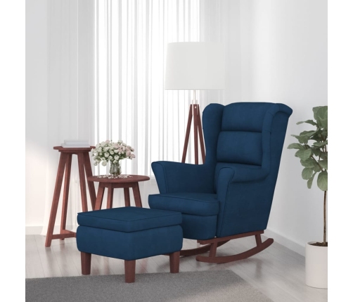 Sillón mecedora patas madera y taburete terciopelo azul