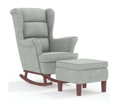 Sillón mecedora patas madera y taburete terciopelo gris claro