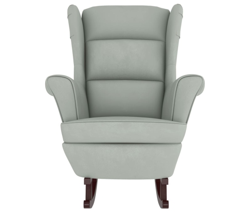 Sillón mecedora patas madera y taburete terciopelo gris claro