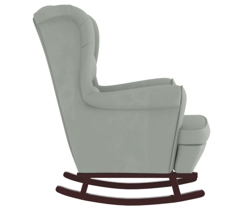 Sillón mecedora patas madera y taburete terciopelo gris claro