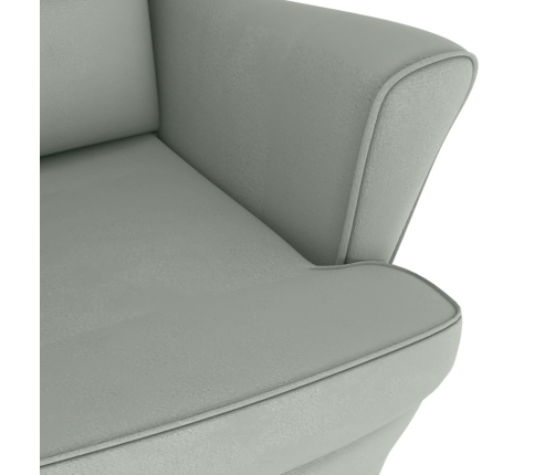 Sillón mecedora patas madera y taburete terciopelo gris claro