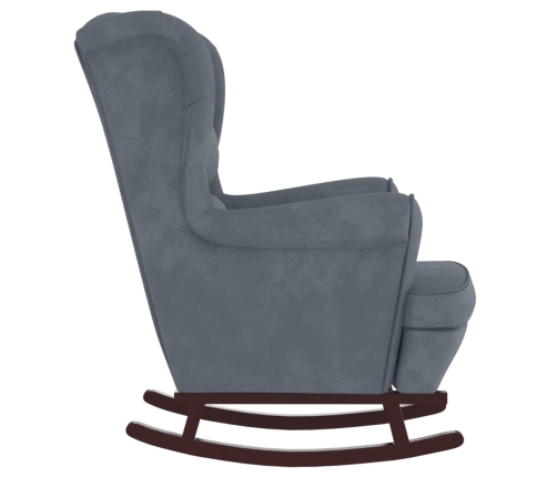 Sillón mecedora patas madera y taburete terciopelo gris oscuro