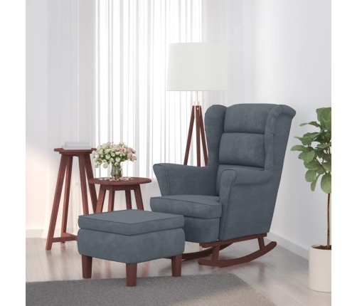 Sillón mecedora patas madera y taburete terciopelo gris oscuro