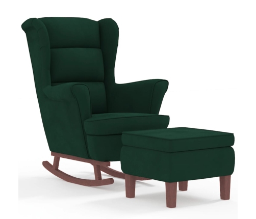 Sillón mecedora patas madera y taburete terciopelo verde oscuro