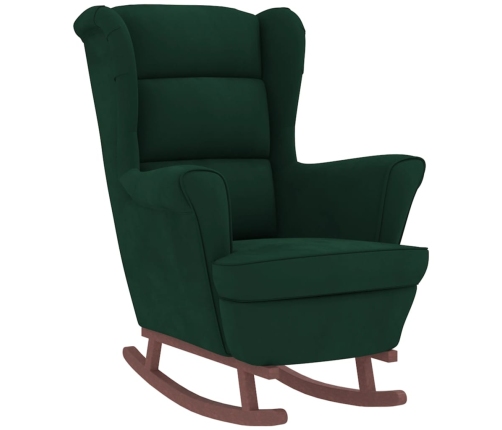 Sillón mecedora patas madera y taburete terciopelo verde oscuro