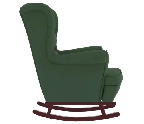 Sillón mecedora patas madera y taburete terciopelo verde oscuro