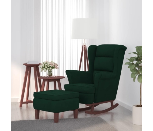 Sillón mecedora patas madera y taburete terciopelo verde oscuro