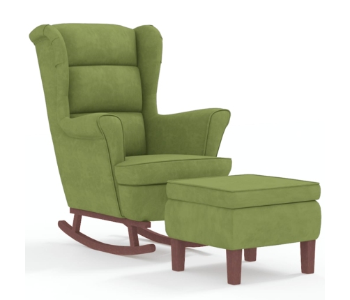 Sillón mecedora patas madera y taburete terciopelo verde claro