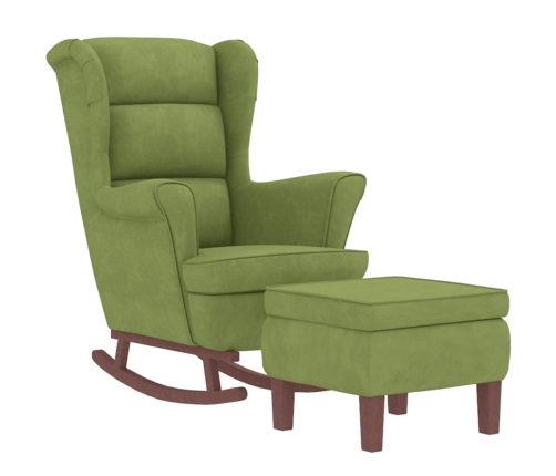 Sillón mecedora patas madera y taburete terciopelo verde claro