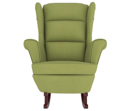 Sillón mecedora patas madera y taburete terciopelo verde claro