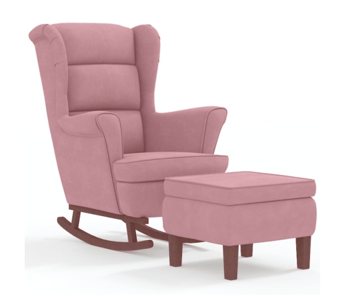 Sillón mecedora patas madera y taburete terciopelo rosa