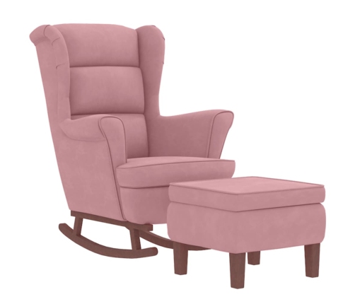 Sillón mecedora patas madera y taburete terciopelo rosa