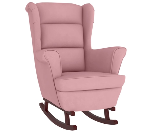 Sillón mecedora patas madera y taburete terciopelo rosa