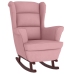 Sillón mecedora patas madera y taburete terciopelo rosa