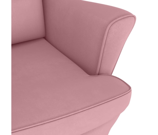 Sillón mecedora patas madera y taburete terciopelo rosa