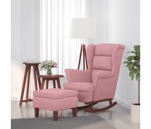 Sillón mecedora patas madera y taburete terciopelo rosa