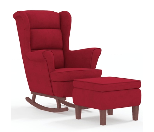 Sillón mecedora patas madera y taburete terciopelo rojo vino