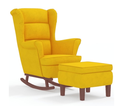 Sillón mecedora patas madera y taburete terciopelo amarillo